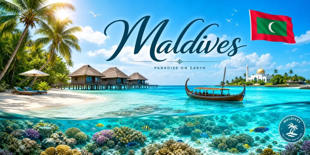 Illustration des Maldives avec plages tropicales, bungalows sur pilotis, drapeau maldivien et nom du pays, pour un guide sur les prises électriques et adaptateurs