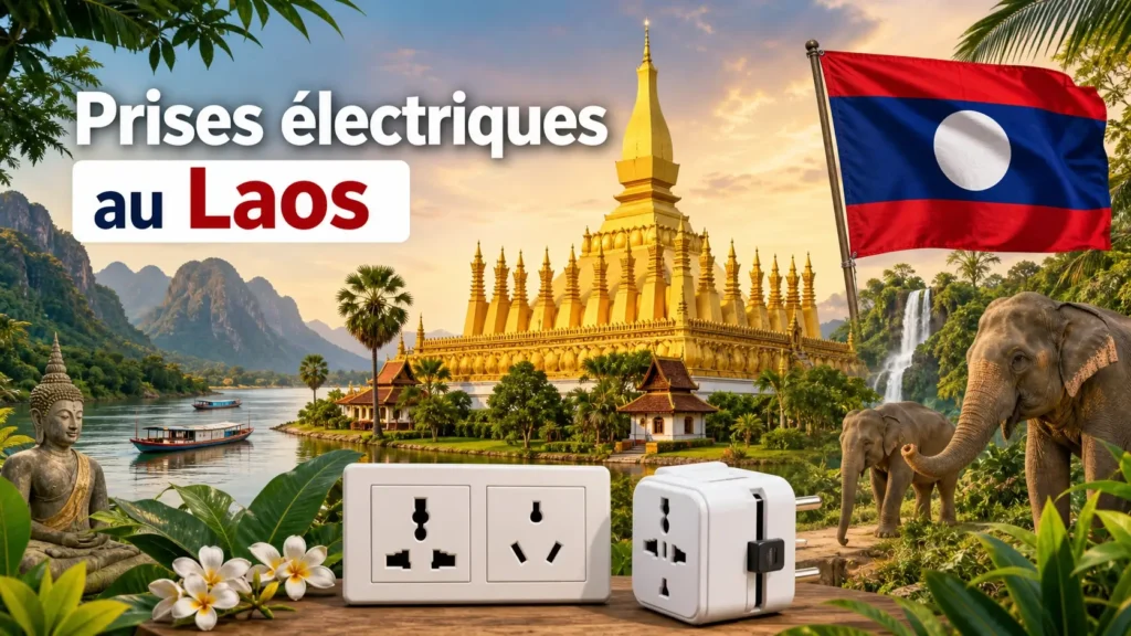 Illustration du Laos avec monuments, éléphants, drapeau national et prises électriques pour guide des adaptateurs de voyage
