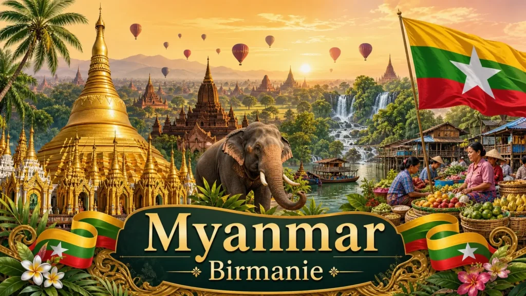 Illustration de la Birmanie avec temples de Bagan, pagode Shwedagon, éléphant, drapeau du Myanmar et nom du pays en bannière