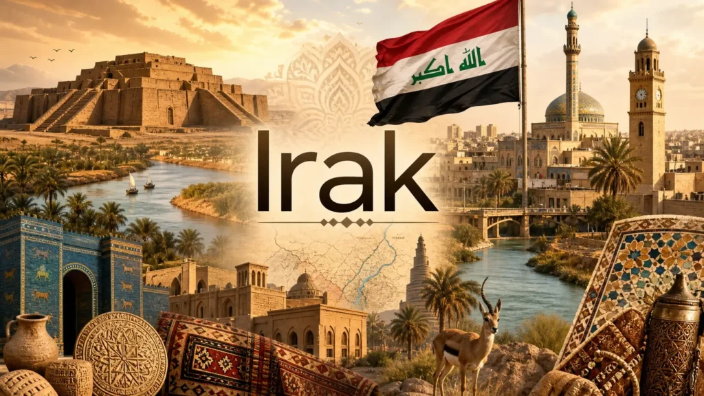 Illustration de couverture représentant l’Irak avec monuments emblématiques, paysage du Tigre et de l’Euphrate, drapeau irakien et le nom Irak intégré dans l’image