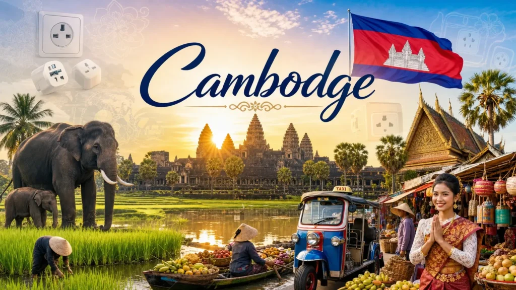 Illustration du Cambodge avec Angkor Wat, drapeau cambodgien et éléments culturels, évoquant les prises électriques et adaptateurs de voyage