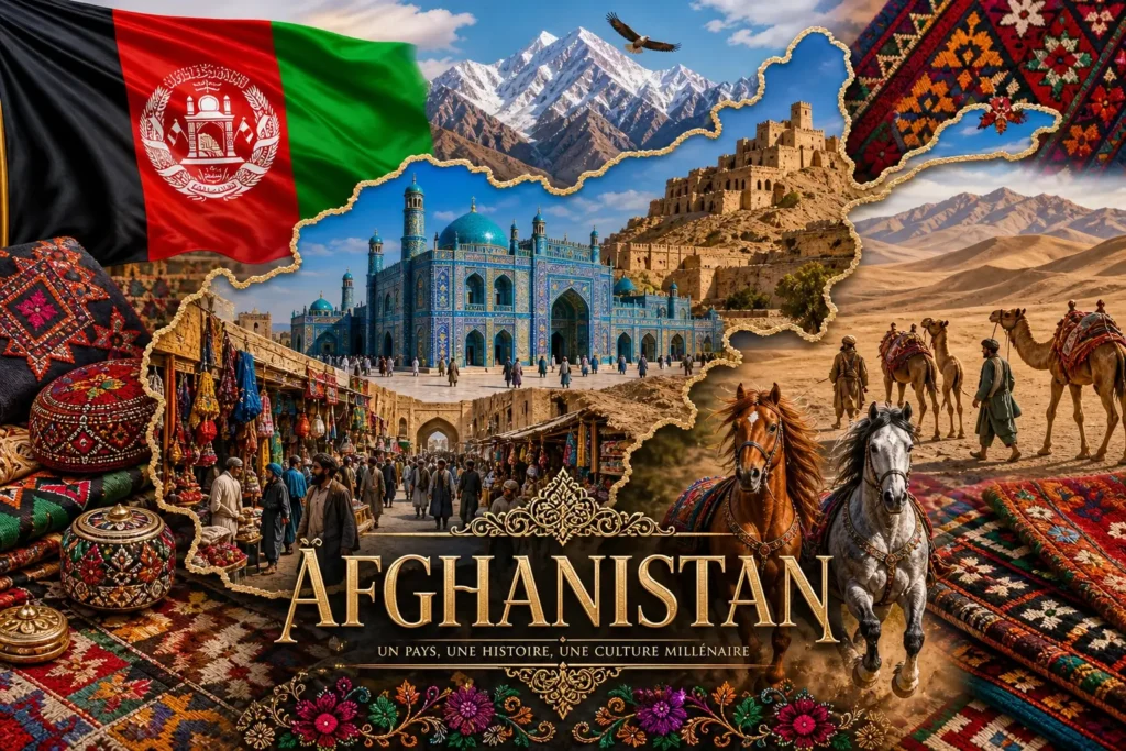 Illustration de l’Afghanistan avec montagnes, mosquée bleue, scènes de bazar, animaux et drapeau afghan, avec le nom du pays intégré dans l’image