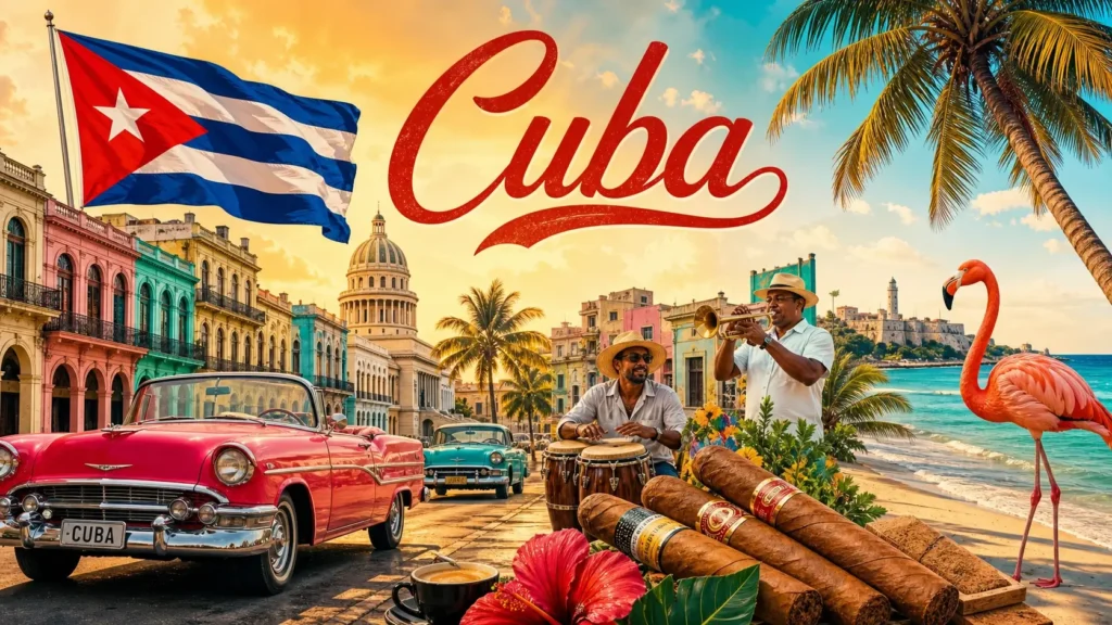 Illustration de Cuba avec monuments de La Havane, voitures anciennes, plage tropicale et drapeau cubain, avec le nom Cuba affiché
