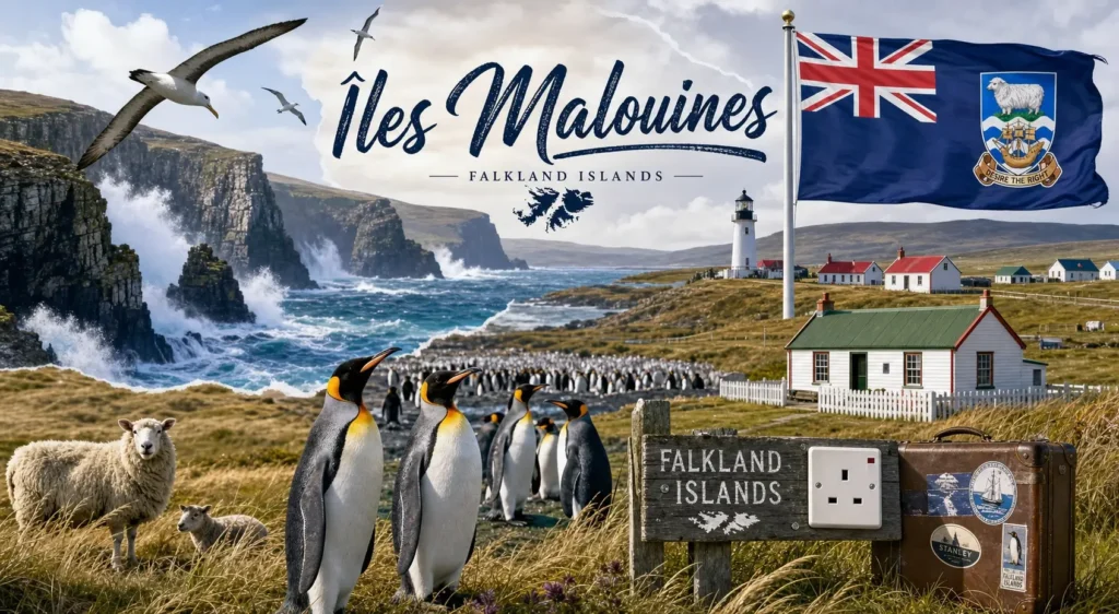 Illustration des îles Malouines avec manchots, paysages côtiers, drapeau des Falkland Islands et prise électrique de type G intégrée dans la scène
