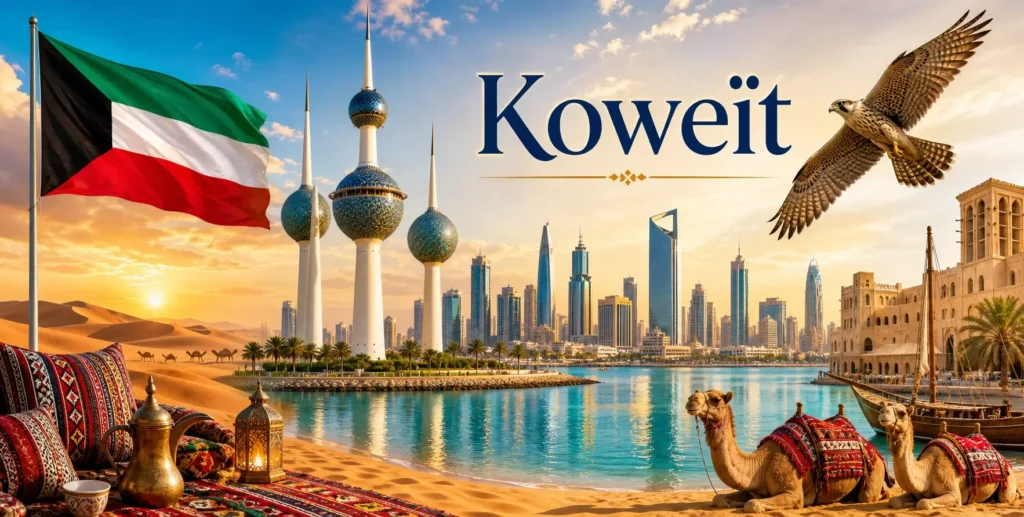 Illustration du Koweït avec skyline de Koweït City, désert, chameaux, drapeau koweïtien et nom du pays, utilisée comme image de couverture pour un guide sur les prises électriques et adaptateurs au Koweït