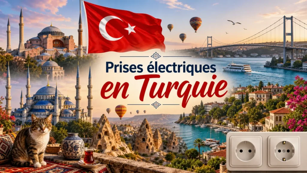 Illustration de la Turquie avec monuments emblématiques, drapeau turc et informations sur les prises électriques type C et F
