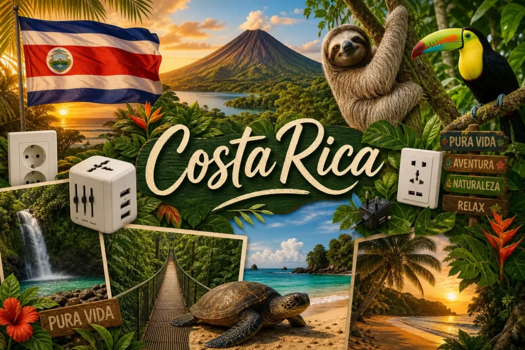 Illustration du Costa Rica avec monuments naturels, animaux tropicaux, drapeau et indication des prises électriques utilisées dans le pays

