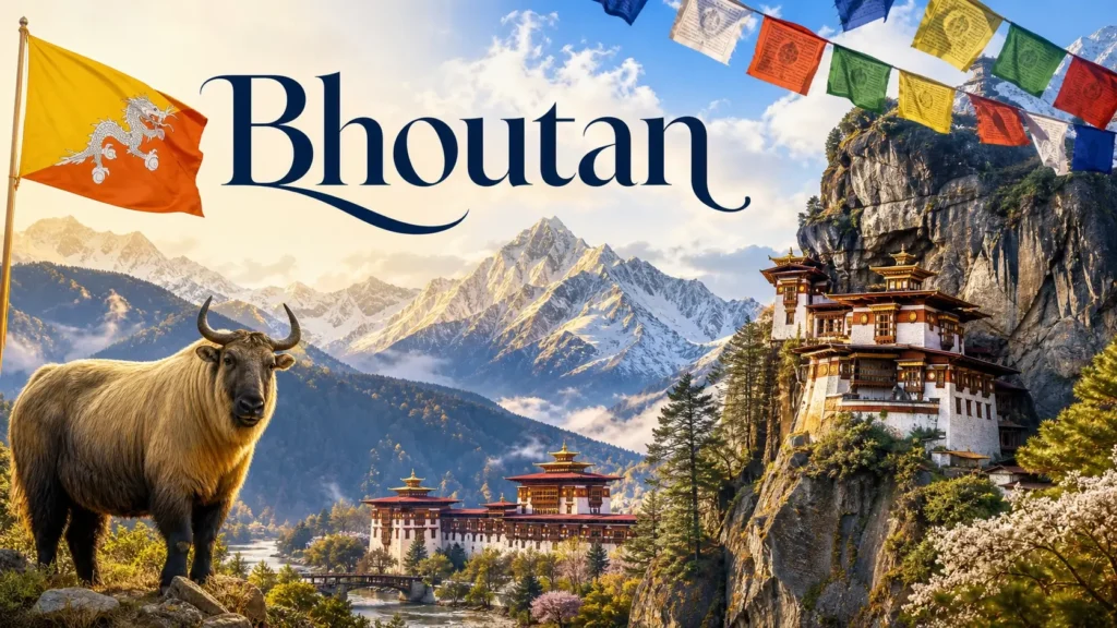 Illustration du Bhoutan avec le monastère de Taktsang, montagnes de l’Himalaya, drapeau bhoutanais et éléments culturels en patchwork