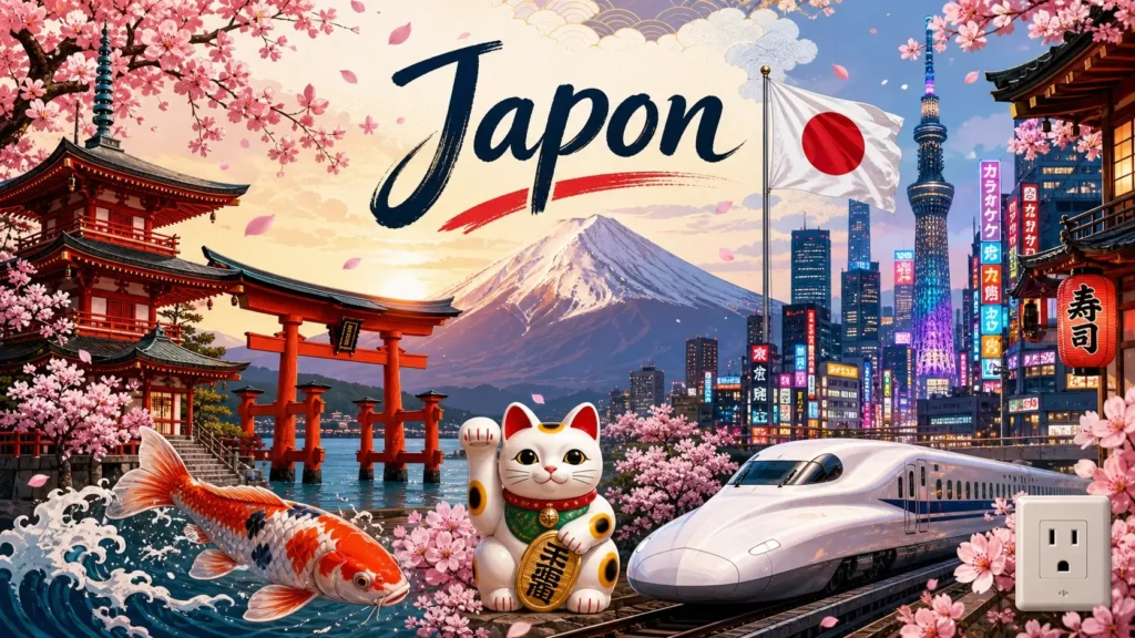 Illustration du Japon avec Mont Fuji, cerisiers en fleurs, skyline de Tokyo, drapeau japonais et prise électrique type A/B en format paysage
