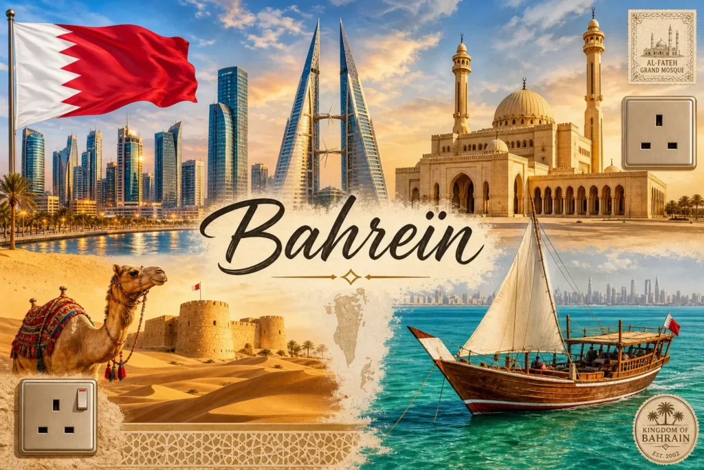 Illustration du Bahreïn avec skyline de Manama, désert, mosquée, drapeau national et prises électriques type G en format paysage
