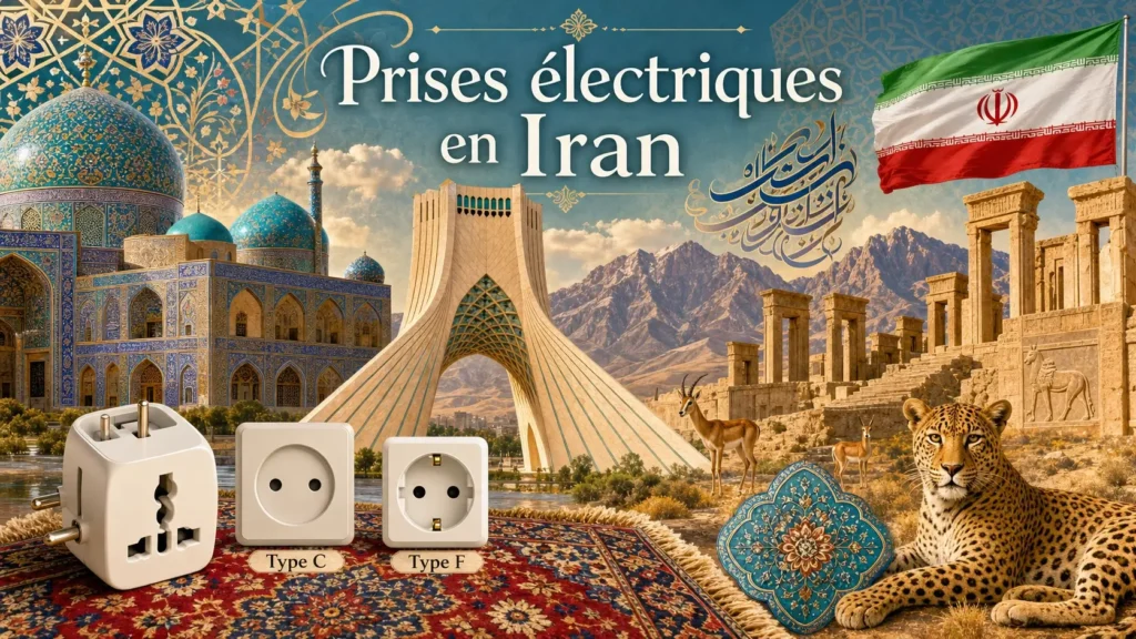 Illustration de l’Iran avec monuments emblématiques, drapeau iranien et prises électriques de type C et F en format paysage