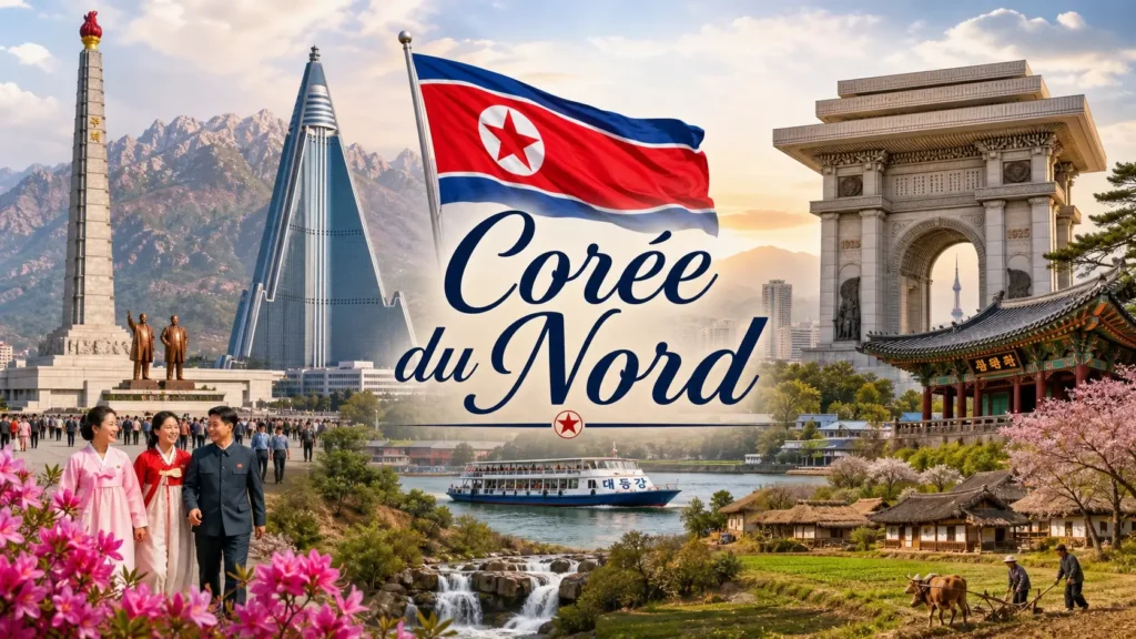 Illustration de la Corée du Nord avec monuments emblématiques, paysages et drapeau, incluant le nom du pays, pour représenter les prises électriques et adaptateurs utilisés dans le pays