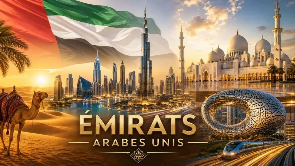 Illustration des Émirats arabes unis avec Burj Khalifa, désert, mosquée Sheikh Zayed et drapeau national en arrière-plan