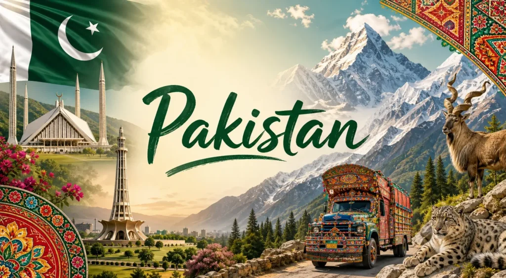 Illustration du Pakistan avec monuments emblématiques, montagnes du Karakoram, drapeau pakistanais et le nom du pays, en format paysage