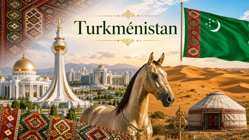 Illustration du Turkménistan avec monuments d’Achgabat, désert de Karakoum, cheval Akhal-Teke et drapeau national, utilisée comme image de couverture pour un guide sur les prises électriques.
