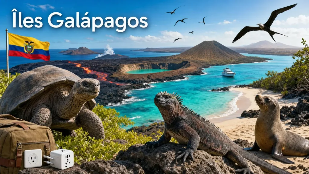 Illustration des Îles Galápagos avec animaux emblématiques, paysages volcaniques, drapeau de l’Équateur et indication des prises électriques
