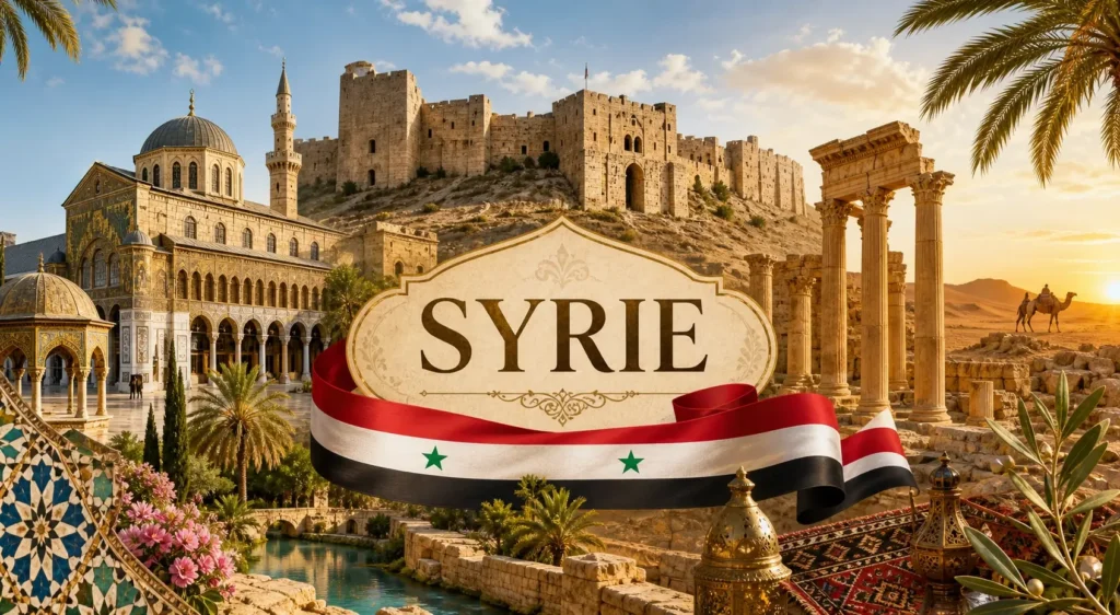 Illustration de la Syrie avec monuments emblématiques, désert, drapeau syrien et nom du pays en format paysage