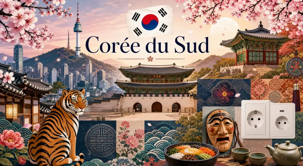 Illustration de la Corée du Sud avec monuments emblématiques, drapeau et types de prises électriques C et F en format paysage