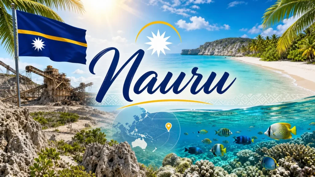 Illustration de Nauru avec paysages tropicaux, océan, palmiers et drapeau national, image de couverture sur les prises électriques à Nauru
