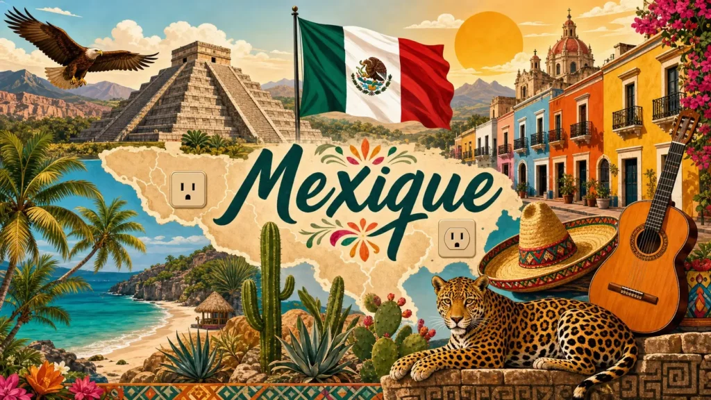 Illustration du Mexique avec monuments emblématiques, drapeau mexicain et prises électriques de type A et B
