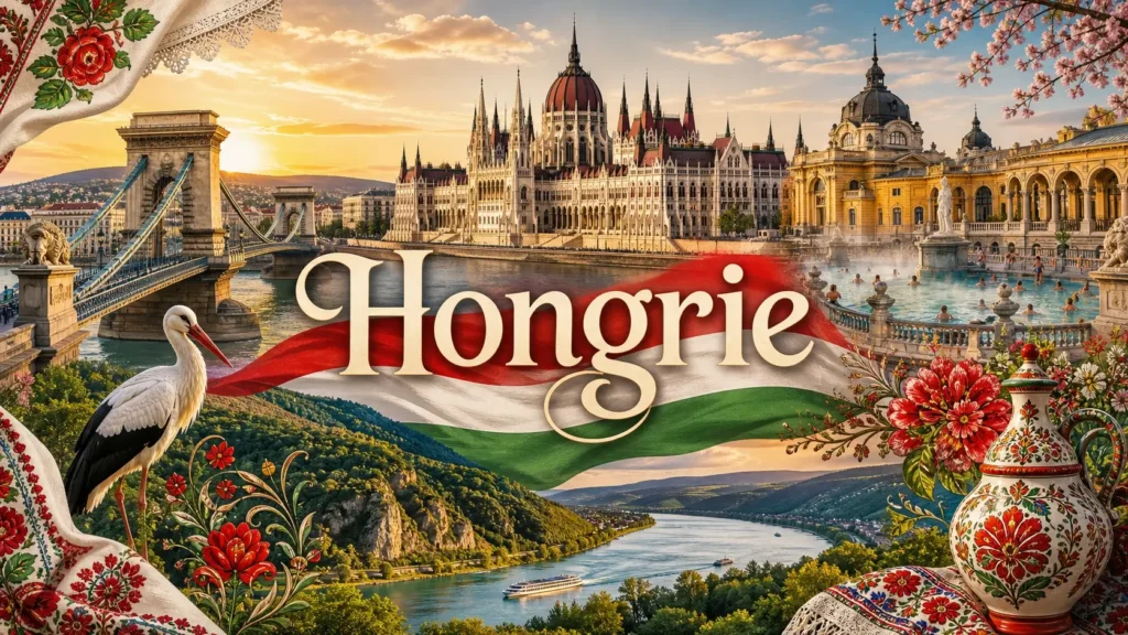 Illustration de la Hongrie avec le Parlement de Budapest, le Danube, des motifs traditionnels et le drapeau hongrois, avec le nom du pays affiché