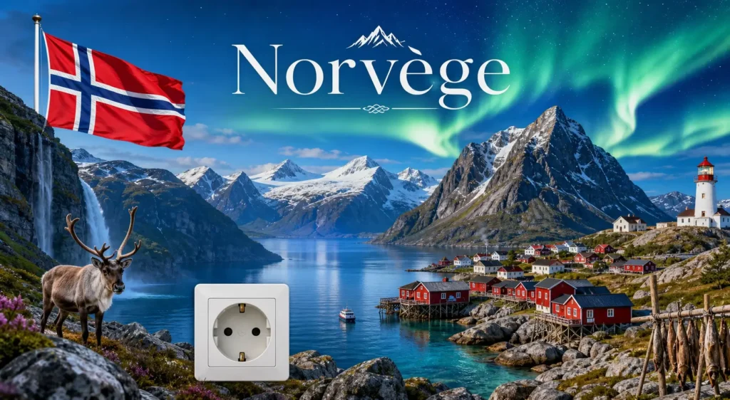 Illustration de la Norvège avec fjords, montagnes, aurores boréales, drapeau norvégien et prise électrique type F