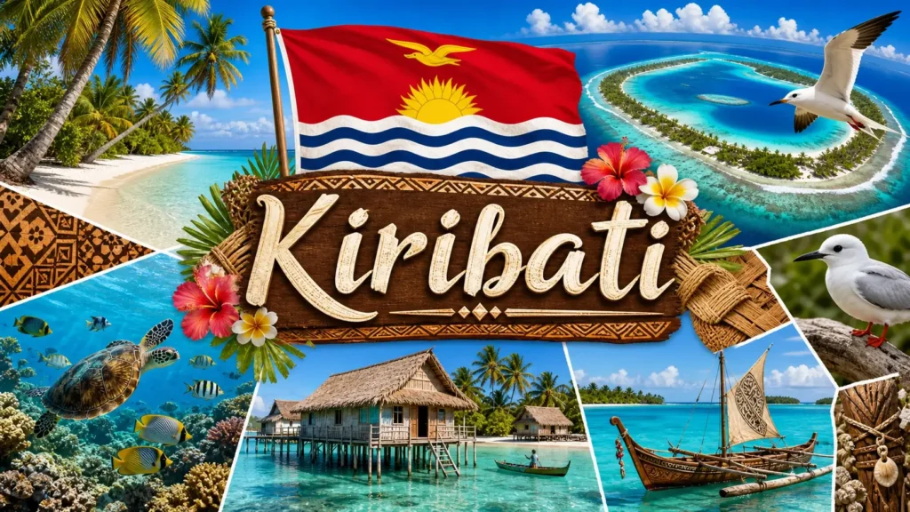 Illustration du Kiribati avec plages tropicales, drapeau national et paysages d’atolls en format paysage
