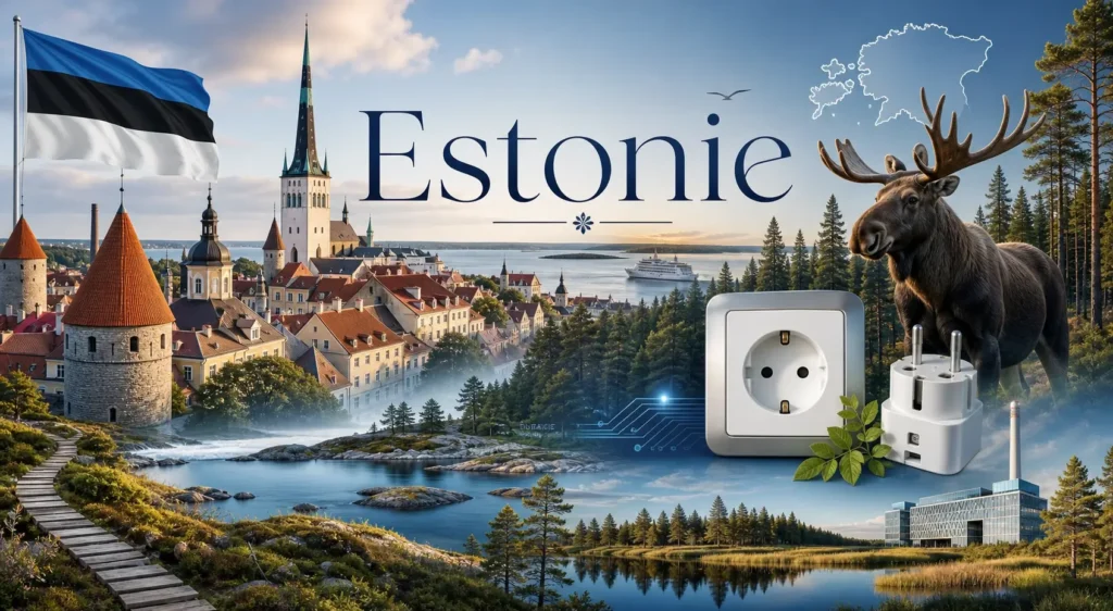 Illustration de l’Estonie avec Tallinn, nature nordique, drapeau estonien et prise électrique européenne