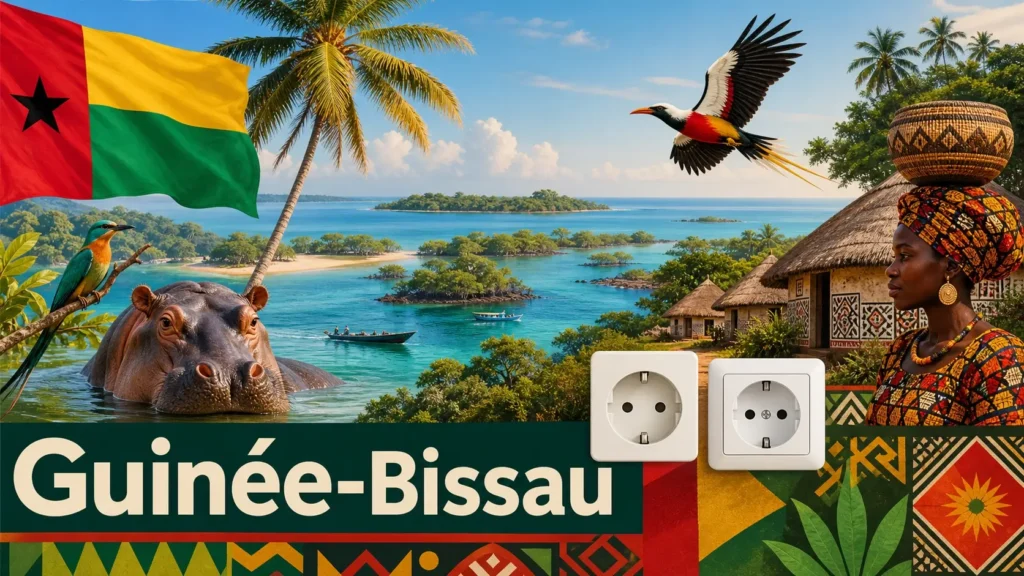 Illustration de la Guinée-Bissau avec paysages tropicaux, faune locale, drapeau national et prises électriques de type C et F
