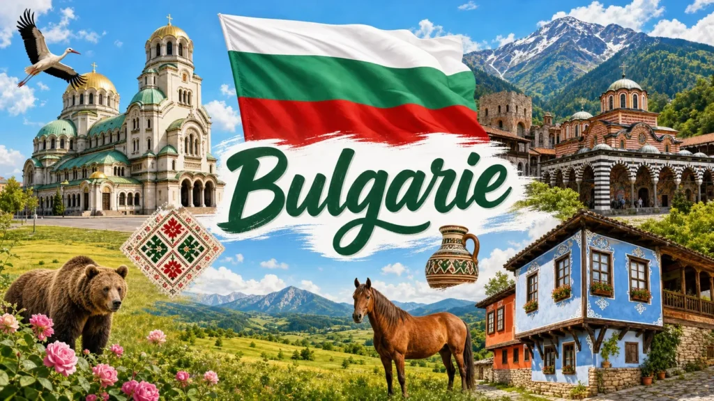 Illustration de la Bulgarie avec ses monuments emblématiques, son drapeau et le nom du pays, en format paysage