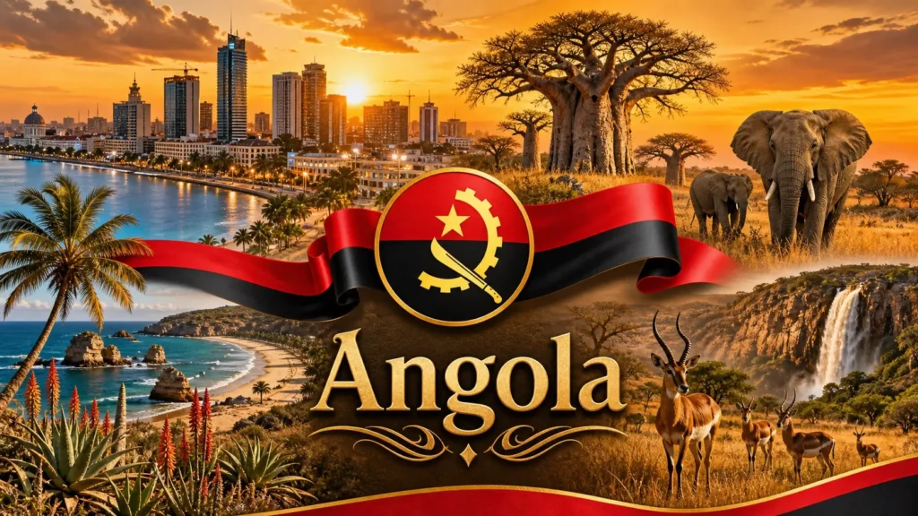 Illustration de l’Angola avec drapeau, paysages africains, animaux et skyline de Luanda pour illustrer les prises électriques du pays
