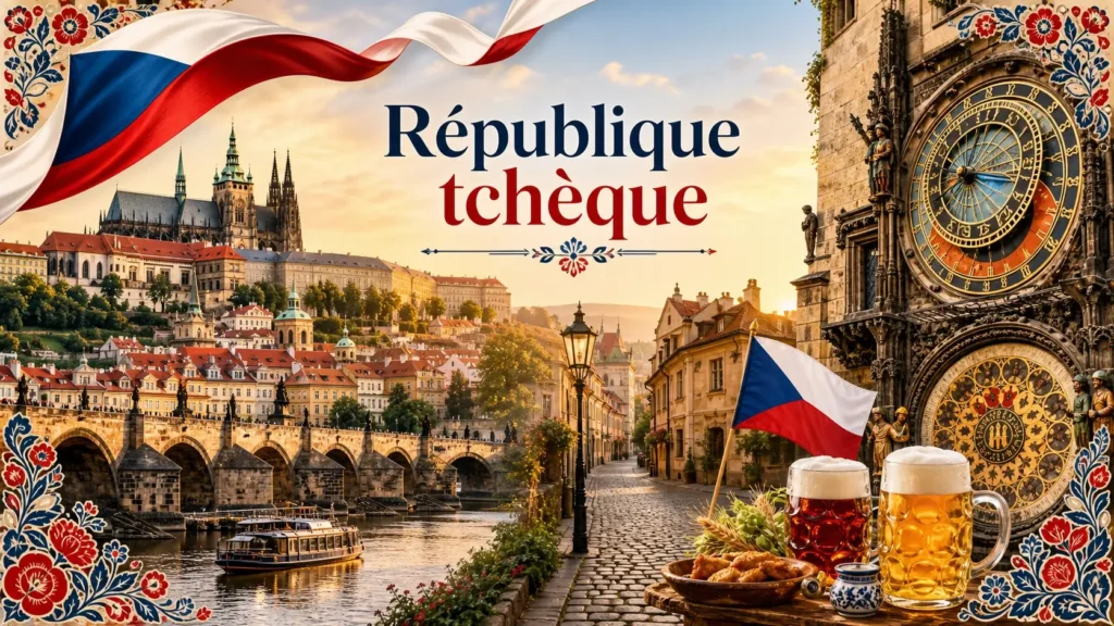 Illustration de la République tchèque avec monuments emblématiques, drapeau tchèque et nom du pays en image de couverture
