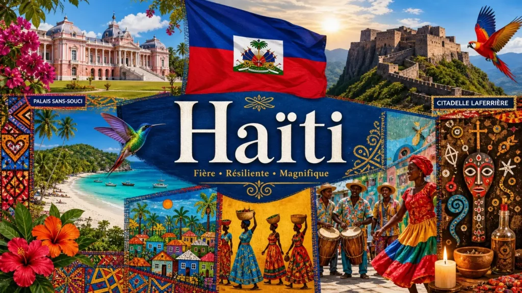 Illustration de Haïti avec monuments emblématiques, paysages tropicaux et drapeau haïtien, pour une page sur les prises électriques et adaptateurs
