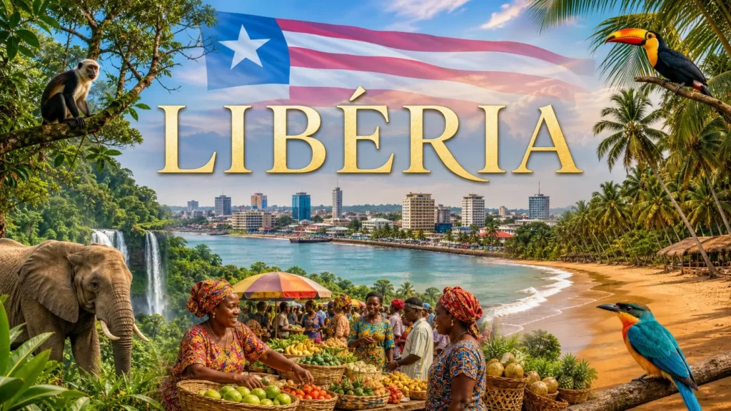 Illustration du Libéria avec paysages tropicaux, Monrovia, animaux africains et drapeau du Libéria en arrière-plan
