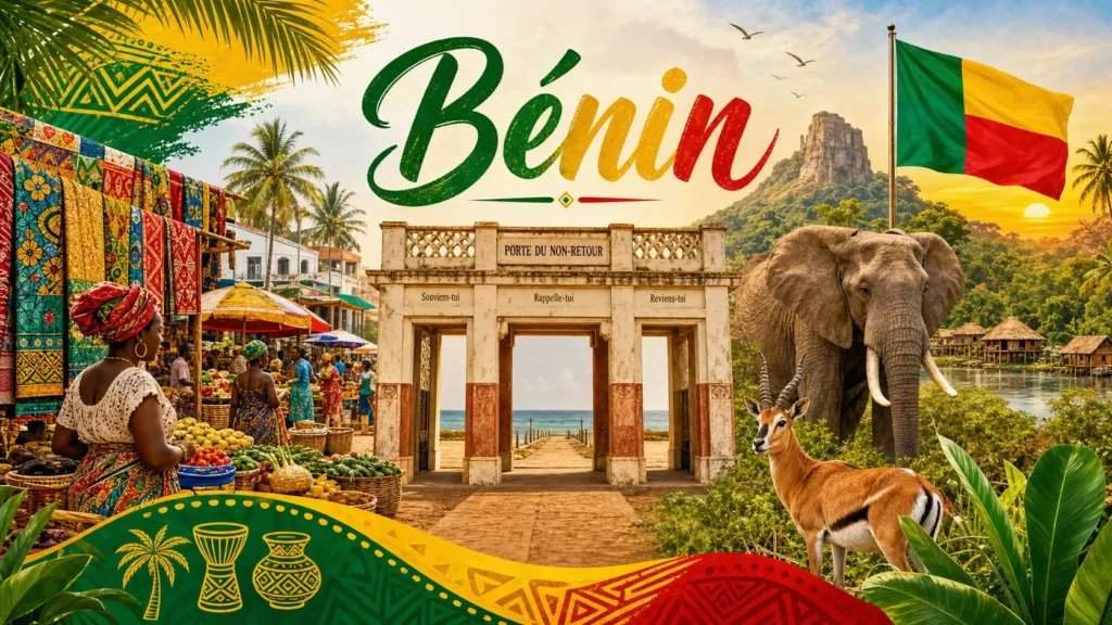 Illustration du Bénin avec monuments emblématiques, animaux et drapeau, utilisée comme image de couverture pour les prises électriques au Bénin
