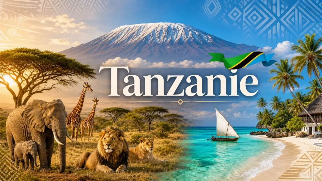 Illustration de la Tanzanie avec le mont Kilimandjaro, des animaux de la savane, des plages tropicales et le drapeau tanzanien, avec le texte Tanzanie