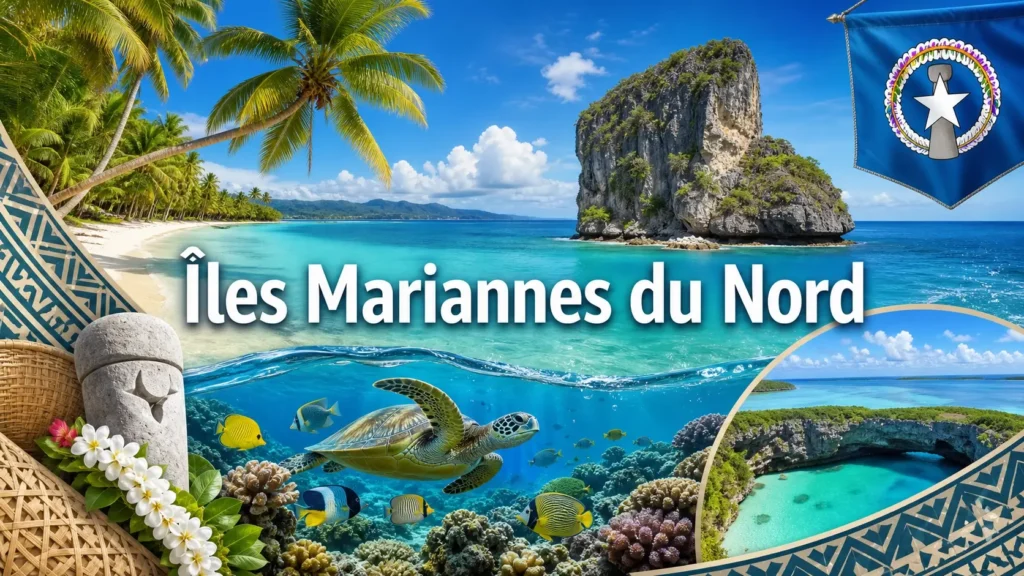 Illustration des Îles Mariannes du Nord avec plages tropicales, monuments naturels et drapeau, avec le nom du pays intégré
