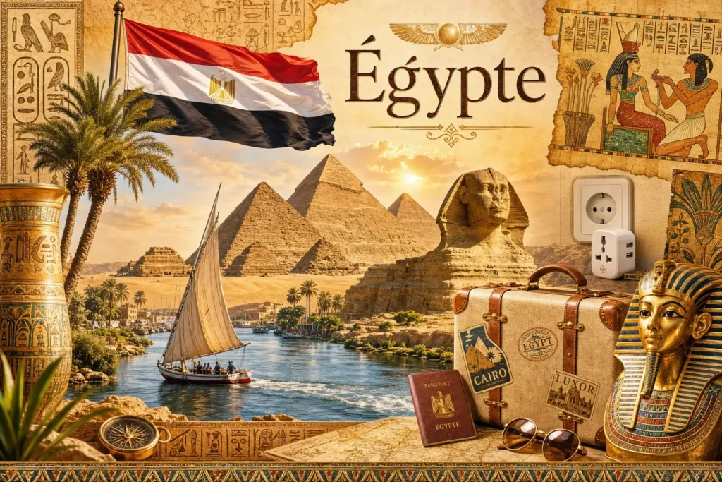 Illustration de l’Égypte avec pyramides, Nil, désert et drapeau égyptien, représentant les prises électriques et adaptateurs du pays
