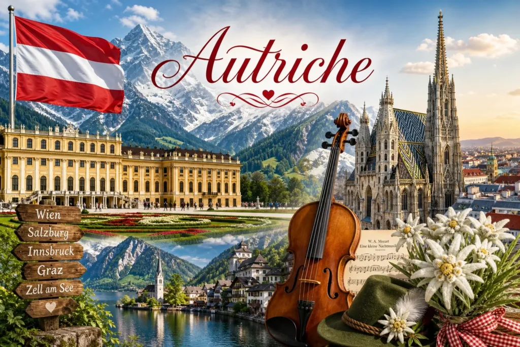 Illustration de l’Autriche avec monuments emblématiques, Alpes et drapeau autrichien, image de couverture pour les prises électriques en Autriche
