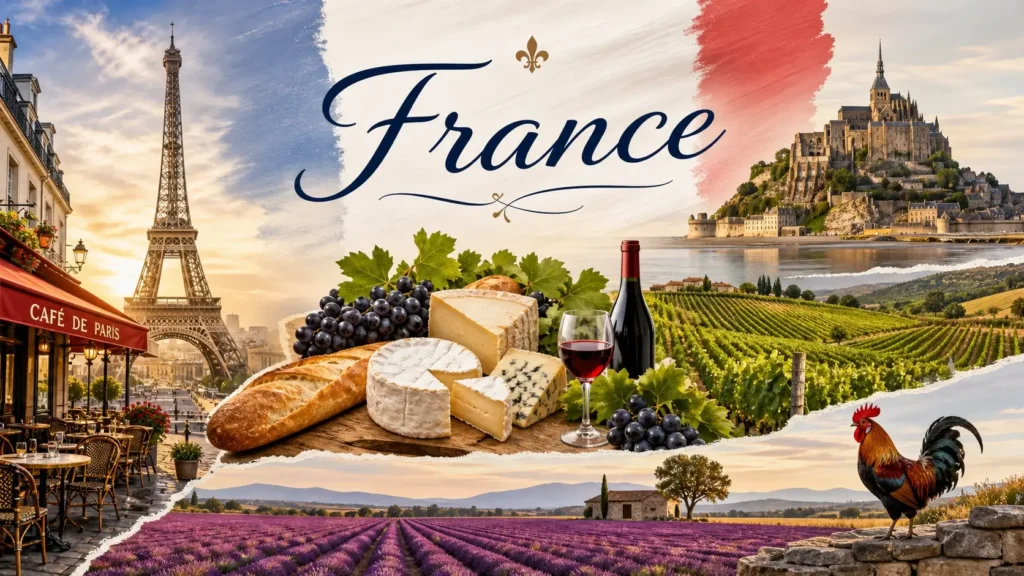 Illustration de la France avec monuments emblématiques, drapeau français et ambiance culturelle en format paysage