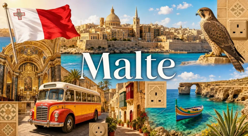 Illustration de Malte avec monuments emblématiques, drapeau maltais et indication des prises électriques de type G