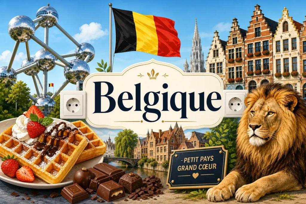 Illustration de la Belgique avec l’Atomium, des spécialités belges, le drapeau national et des prises électriques de type E
