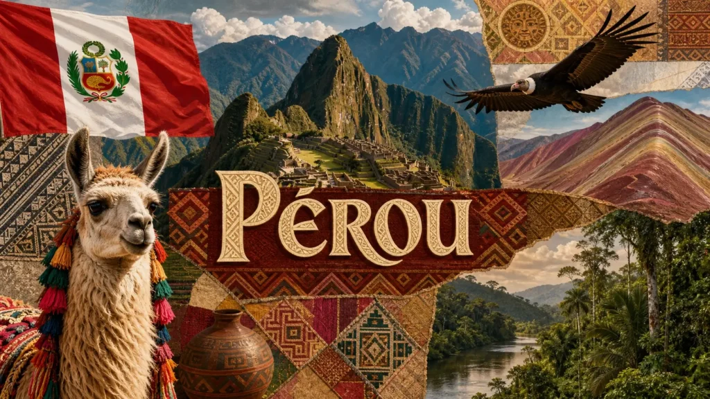 Illustration du Pérou avec Machu Picchu, lama, montagnes andines et drapeau péruvien en arrière-plan
