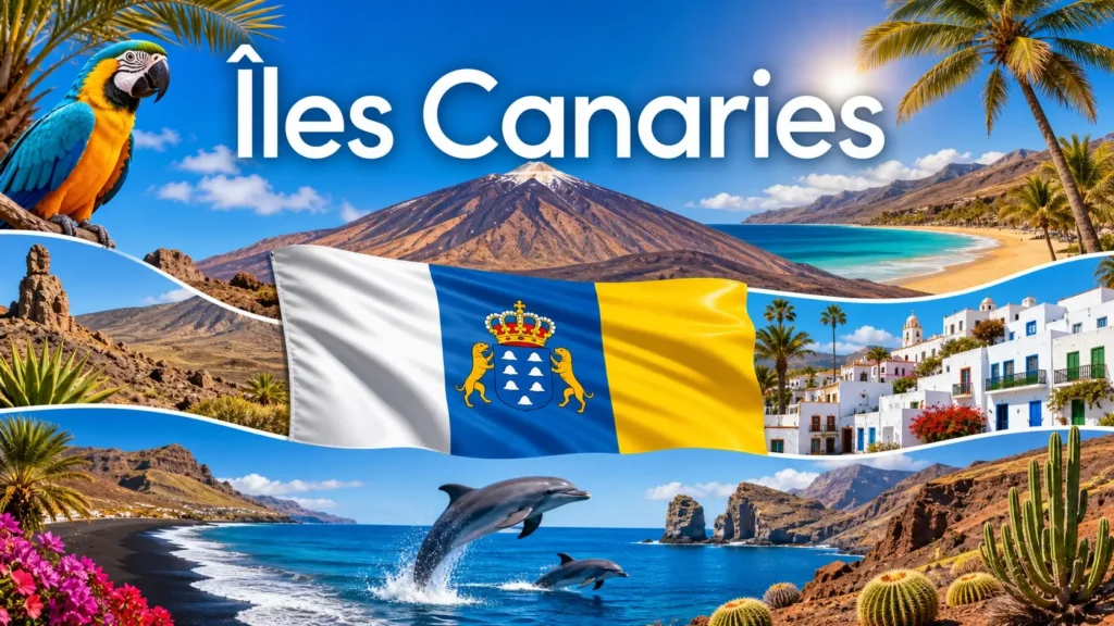 Illustration des Îles Canaries avec volcan, plages, palmiers, animaux marins, drapeau et texte Îles Canaries
