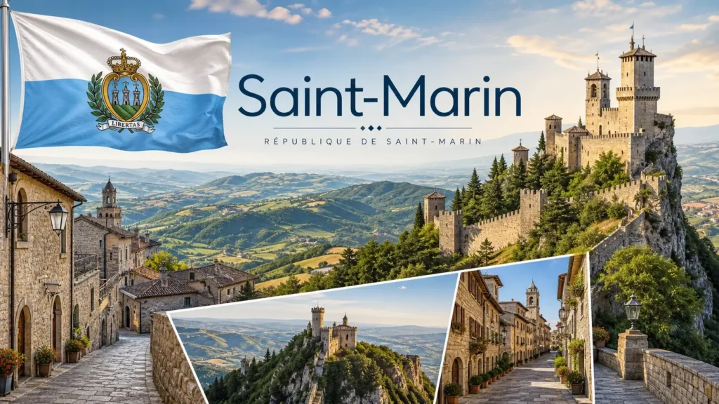 Illustration de Saint-Marin avec les tours du mont Titano, le drapeau national et le nom du pays, représentant un guide sur les prises électriques et adaptateurs
