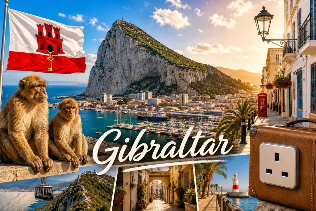 Illustration du Rocher de Gibraltar avec des macaques, le drapeau de Gibraltar et une prise électrique type G en format paysage
