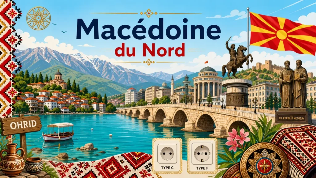 Illustration de la Macédoine du Nord avec monuments de Skopje, lac d’Ohrid, montagnes, drapeau national et prises électriques type C et F en format paysage
