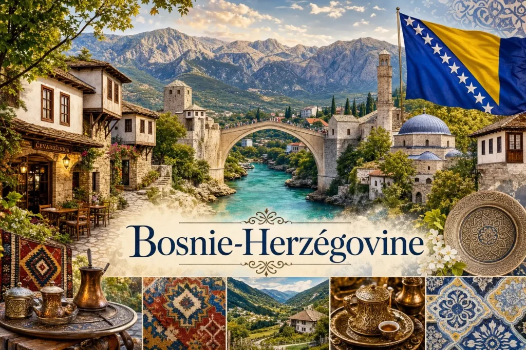 Illustration de la Bosnie-Herzégovine avec le pont de Mostar, montagnes et drapeau, utilisée comme image de couverture pour les prises électriques et adaptateurs
