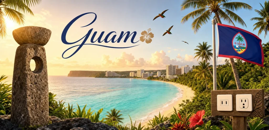 Illustration de Guam avec plages tropicales, pierre Latte, drapeau de Guam et prises électriques type A et B en format paysage