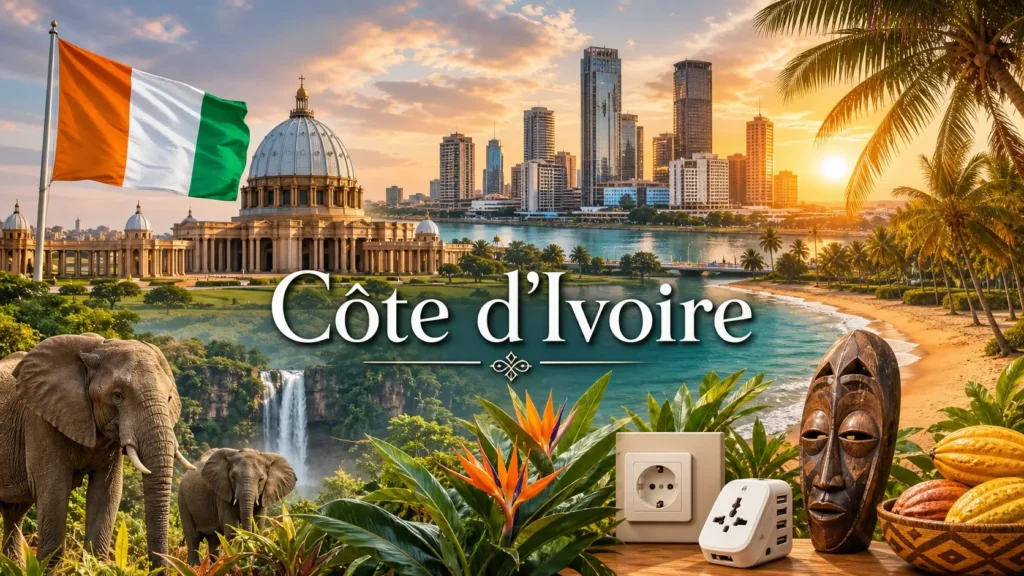 Illustration de la Côte d’Ivoire avec Abidjan, la basilique de Yamoussoukro, des éléphants, le drapeau ivoirien et des éléments de prises électriques